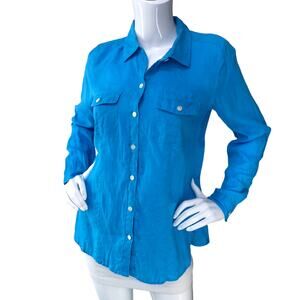 J Jill Love Linen Womens Size XS Top Button Down Collared Lone Sleeve Blue